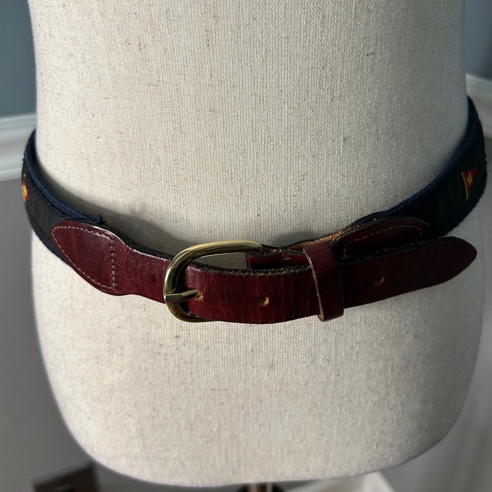 Cape Cod Belt Co Mens Small Nautical Burgee Flag Canvas Leather Belt Navy Black - Picture 3 of 7